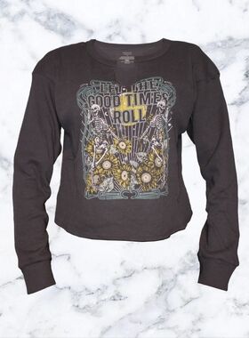 Homegirl Society Let the Good Times Roll Dark Gray Thermal Long-Sleeve Top Sz S